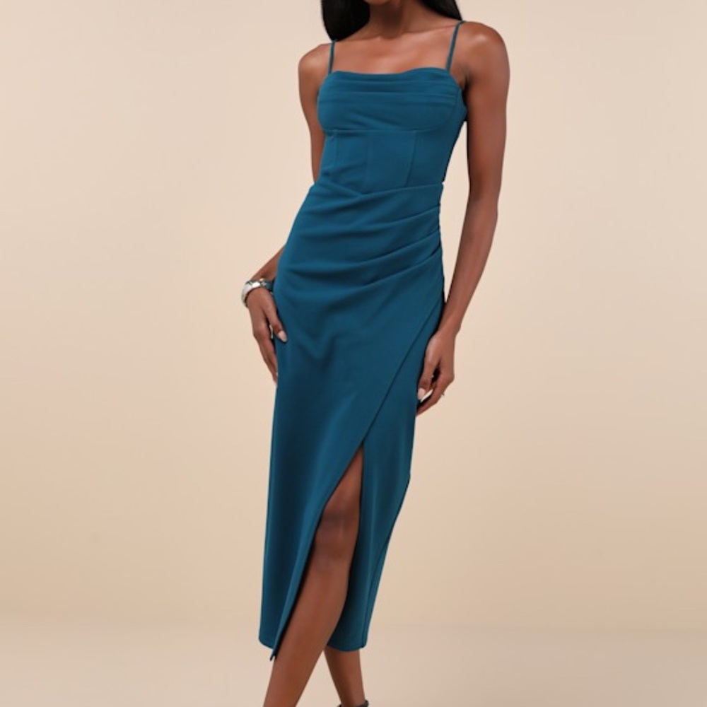 Lulus Always Turning Heads Dark Teal Bustier Tulip Midi Dress Blue - Size M
